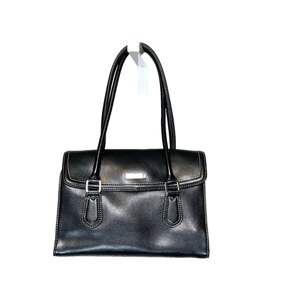 Liz Claiborne Handbags - Liz Claiborne Double Top Handle Black Leather Handbag Purse Satchel Red‎ Zipper